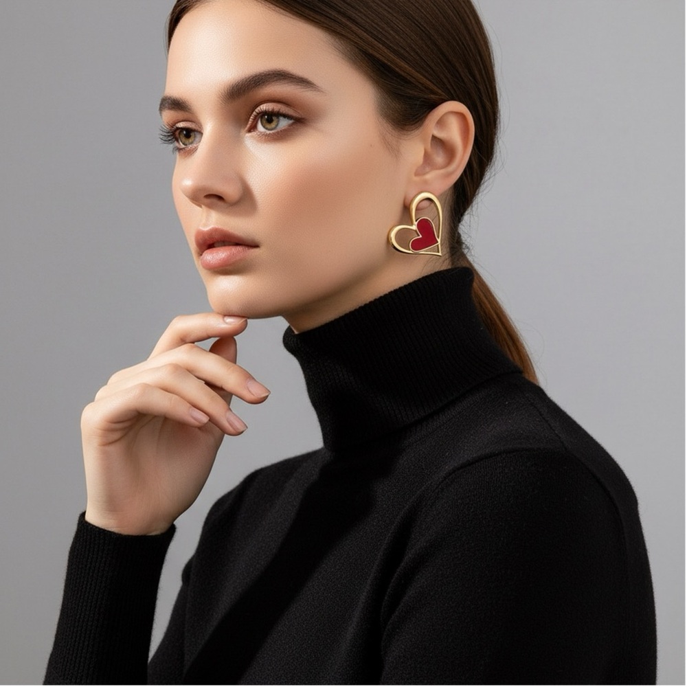 Gold and Red Heart Earrings